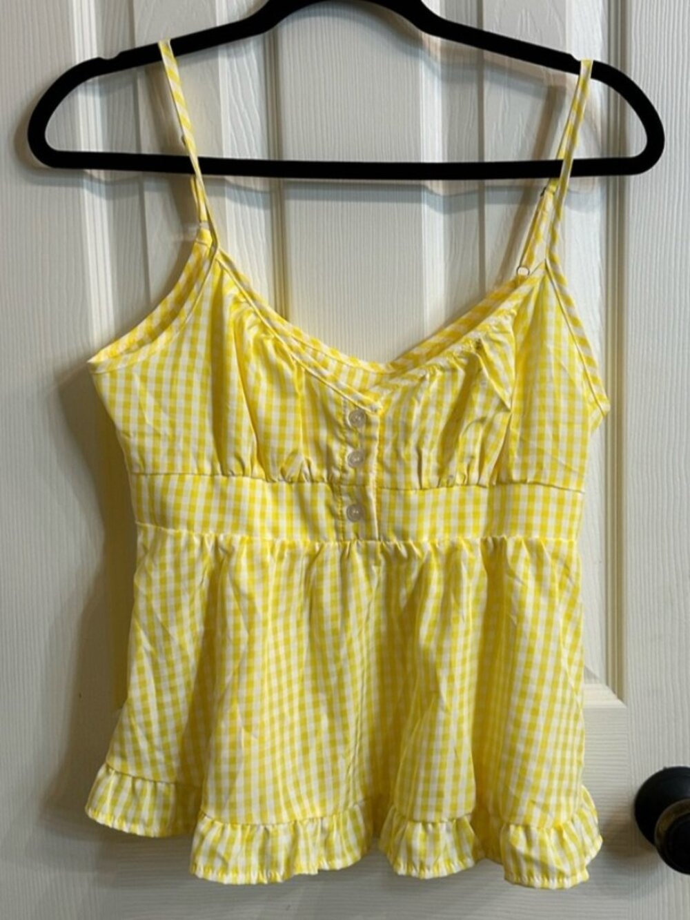 Yellow Gingham Spaghetti Strap Peplum Top